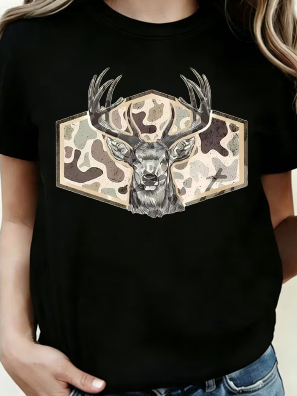 SHEIN Black Tee with Beige Camo Deer Head Graphic